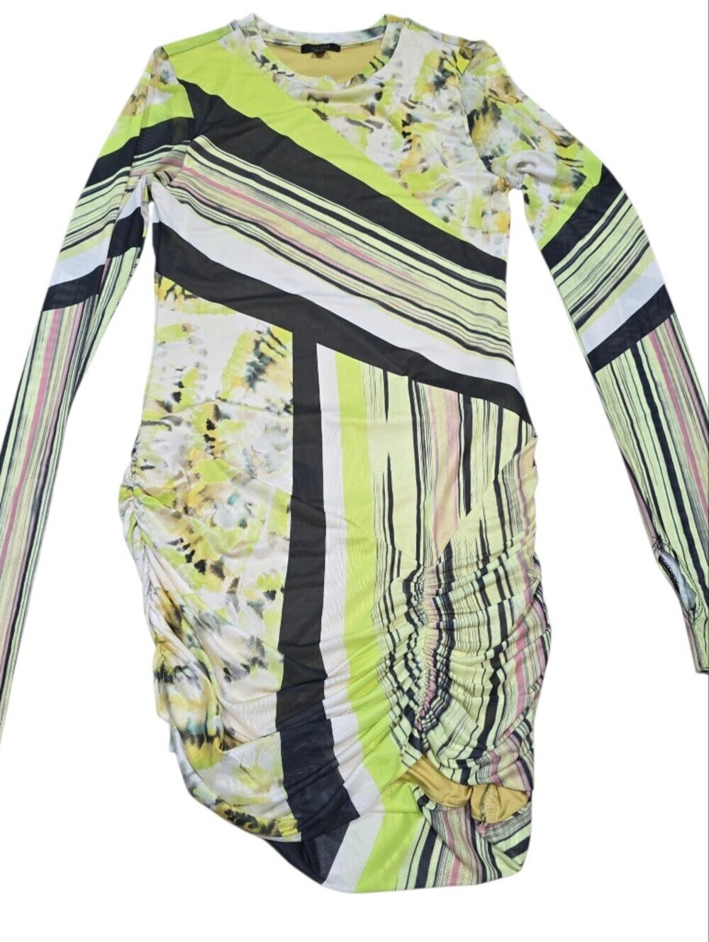 AFRM Mirza Mesh Ruched Bodycon Mini Dress Abstract Print Long Sleeve Size M - Picture 6 of 13